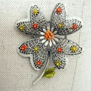 Vintage ART Arthur Pepper Enamel Lattice Flower Brooch Orange Yellow White
